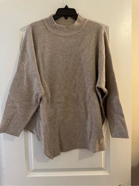 Relaxed Ribbed Cowl-Neck Sweater in Taupe
